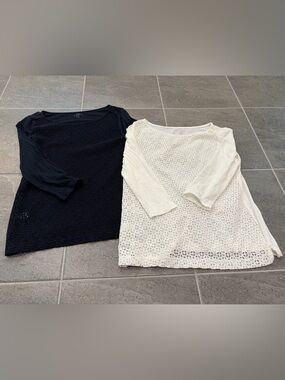 2 used women’s eyelet tees, Ann Taylor LOFT, size SP. Blue & white, 3/4 sleeve